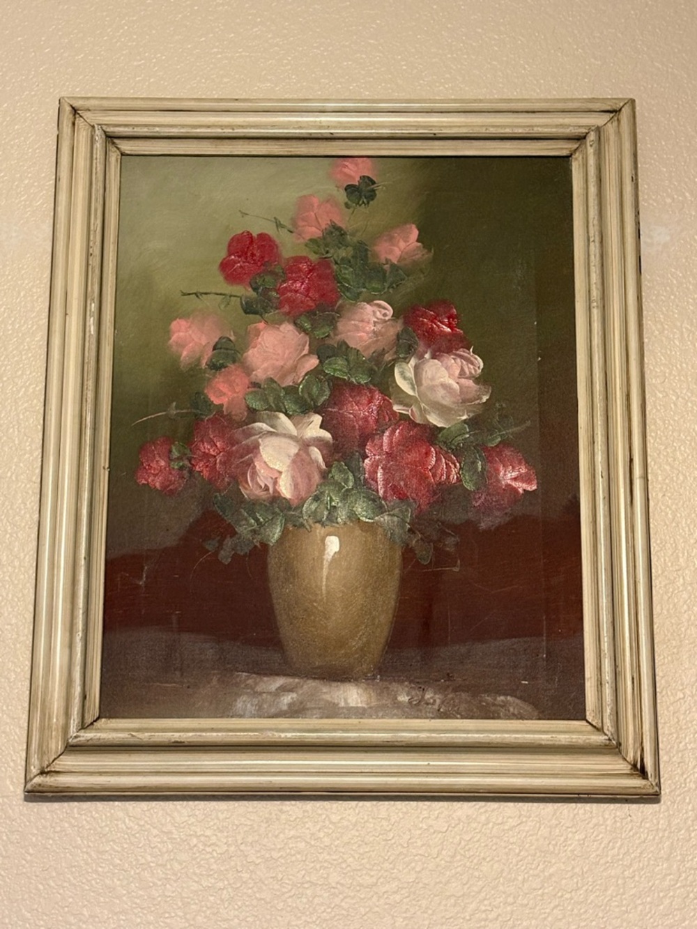 Framed Floral Oil Painting. Beautiful pink and red roses